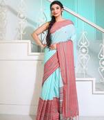 Soft Cyan Cotton Handwoven Saree With Texture Borders And Pallu