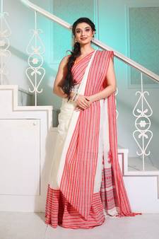 White Cotton Handwoven Saree With Texture Borders And Pallu