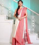 White Cotton Handwoven Saree With Texture Borders And Pallu