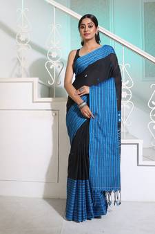 Black Cotton Handwoven Saree With Texture Borders And Pallu