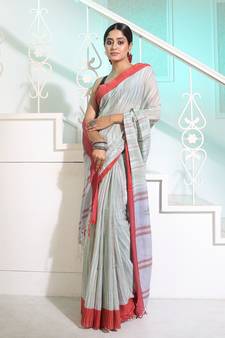Sap Green Cotton Handwoven Saree With Stripes Pattern And Texture motifs