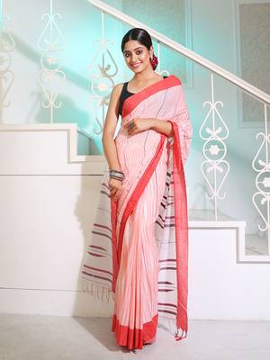 Orange Cotton Handwoven Saree With Stripes Pattern And Texture motifs 1