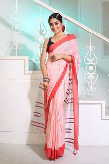 Orange Cotton Handwoven Saree With Stripes Pattern And Texture motifs