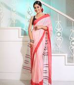 Orange Cotton Handwoven Saree With Stripes Pattern And Texture motifs