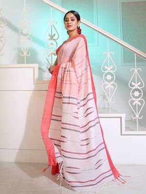 Orange Cotton Handwoven Saree With Stripes Pattern And Texture motifs 3