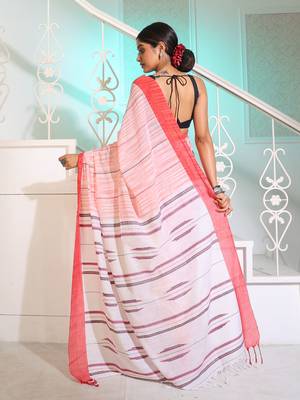 Orange Cotton Handwoven Saree With Stripes Pattern And Texture motifs 4