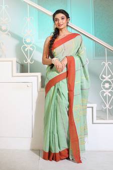 Mint Green Cotton Handwoven Saree With Stripes Pattern And Texture motifs
