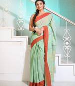 Mint Green Cotton Handwoven Saree With Stripes Pattern And Texture motifs