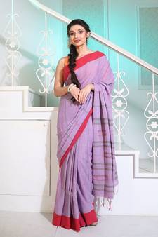 Lavender Cotton Handwoven Saree With Stripes Pattern And Texture motifs