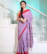 Lavender Cotton Handwoven Saree With Stripes Pattern And Texture motifs