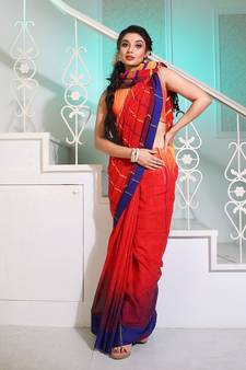 Red Cotton Handwoven Saree With Ikkat Design
