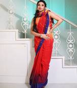 Red Cotton Handwoven Saree With Ikkat Design