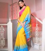 Yellow Cotton Handwoven Saree With Ikkat Design