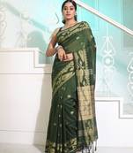 Forest Green Cotton Handspun Saree With Woven Jamdani Borders