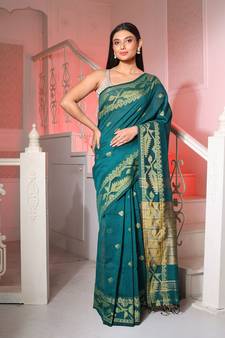Teal Cotton Handspun Saree With Woven Jamdani Borders