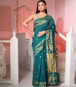 Teal Cotton Handspun Saree With Woven Jamdani Borders