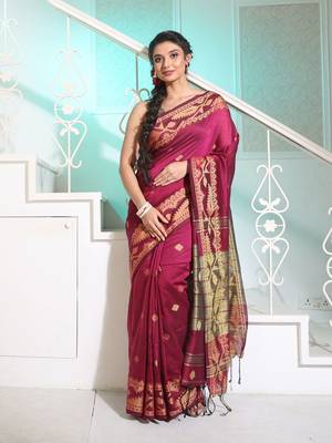Magenta Cotton Handspun Saree With Woven Jamdani Borders 1