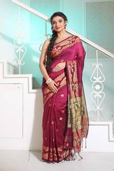 Magenta Cotton Handspun Saree With Woven Jamdani Borders