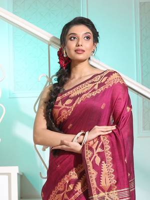Magenta Cotton Handspun Saree With Woven Jamdani Borders 2