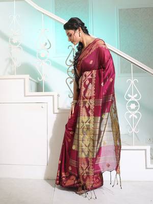 Magenta Cotton Handspun Saree With Woven Jamdani Borders 3