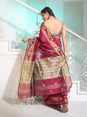 Magenta Cotton Handspun Saree With Woven Jamdani Borders 4