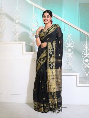 Black Cotton Handspun Saree With Woven Jamdani Borders 1