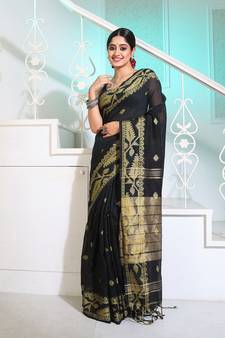 Black Cotton Handspun Saree With Woven Jamdani Borders
