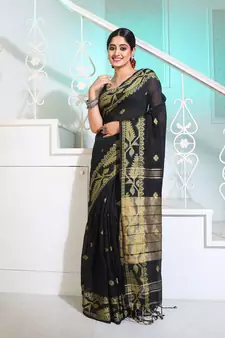 Black Cotton Handspun Saree With Woven Jamdani Borders