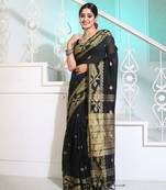 Black Cotton Handspun Saree With Woven Jamdani Borders