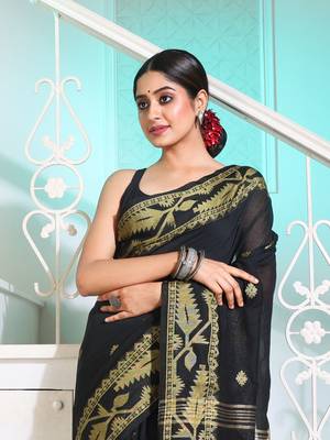 Black Cotton Handspun Saree With Woven Jamdani Borders 2