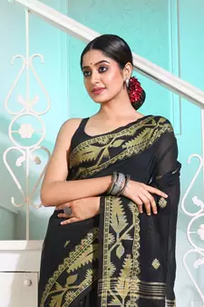 Black Cotton Handspun Saree With Woven Jamdani Borders