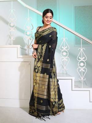 Black Cotton Handspun Saree With Woven Jamdani Borders 3