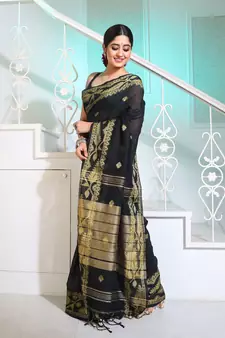 Black Cotton Handspun Saree With Woven Jamdani Borders