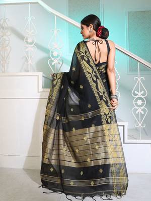 Black Cotton Handspun Saree With Woven Jamdani Borders 4