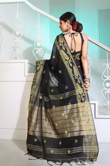 Black Cotton Handspun Saree With Woven Jamdani Borders