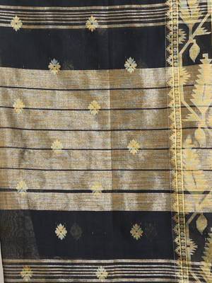 Black Cotton Handspun Saree With Woven Jamdani Borders 5