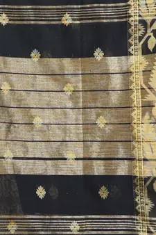 Black Cotton Handspun Saree With Woven Jamdani Borders