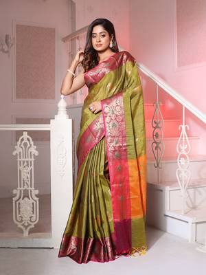 Sap Green Cotton Blend Handwoven Saree With Zari Woven Nakshi Designs 1
