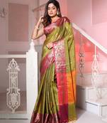 Sap Green Cotton Blend Handwoven Saree With Zari Woven Nakshi Designs