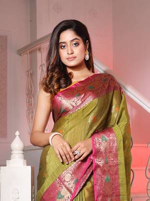 Sap Green Cotton Blend Handwoven Saree With Zari Woven Nakshi Designs 2