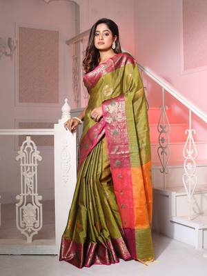 Sap Green Cotton Blend Handwoven Saree With Zari Woven Nakshi Designs 3