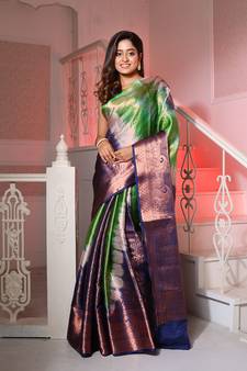 Green & Blue Brocade Silk Shibori Print 3D Saree