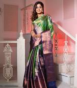 Green & Blue Brocade Silk Shibori Print 3D Saree