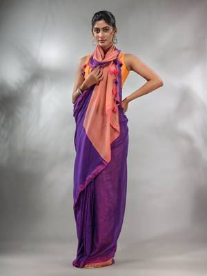Purple Cotton Handspun Soft Saree With Contrast Peach Pallu 1