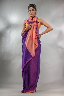 Purple Cotton Handspun Soft Saree With Contrast Peach Pallu