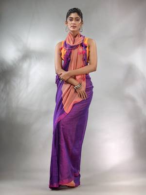 Purple Cotton Handspun Soft Saree With Contrast Peach Pallu 2