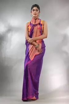 Purple Cotton Handspun Soft Saree With Contrast Peach Pallu