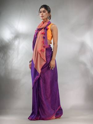 Purple Cotton Handspun Soft Saree With Contrast Peach Pallu 3