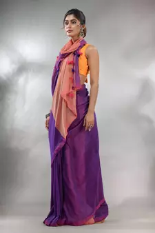 Purple Cotton Handspun Soft Saree With Contrast Peach Pallu