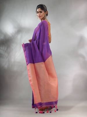 Purple Cotton Handspun Soft Saree With Contrast Peach Pallu 4
